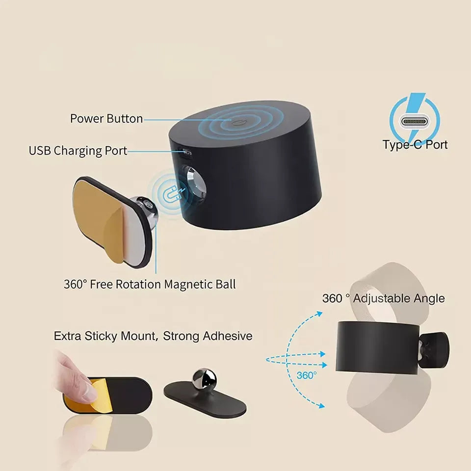 360° Wall Lamp – Kabellos, USB-wiederaufladbar & 3 Helligkeitsstufen für flexible Beleuchtung