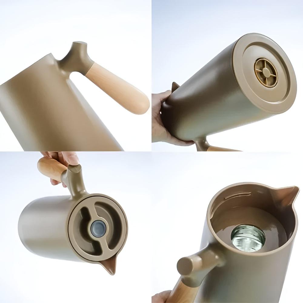 VetroLux – Elegante Doppelwand-Glaskaraffe mit Holzgriff für heiße und kalte Getränke