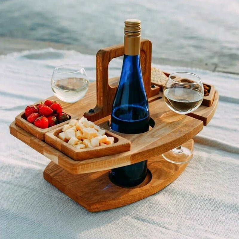 Portable Wooden Picnic Table – Faltbarer Picknicktisch aus Holz mit Glashaltern & Snackfächern | Für Garten, Strand & Reisen