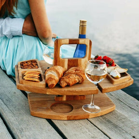 Portable Wooden Picnic Table – Faltbarer Picknicktisch aus Holz mit Glashaltern & Snackfächern | Für Garten, Strand & Reisen